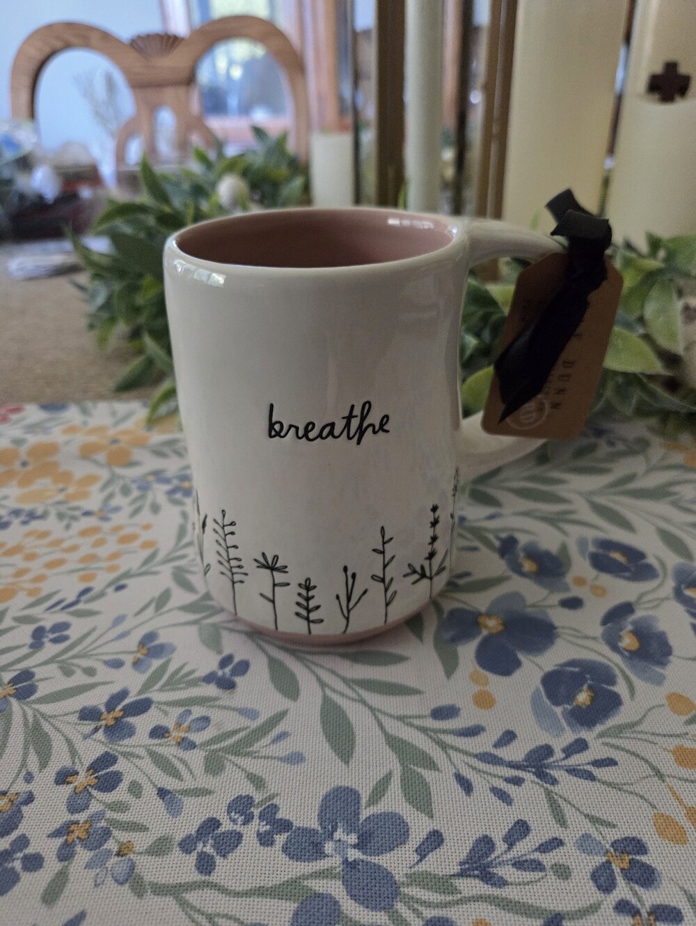 Rae Dunn White Mug with Pink Interior and Black Script